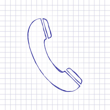 Telephone receiver icon. Hand drawn picture on paper sheet. Blue ink, outline sketch style. Doodle on checkered background