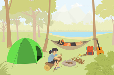 Obraz na płótnie Canvas Young couple camps in the nature / Campers Lifestyle. Modern vector flat design illustration.