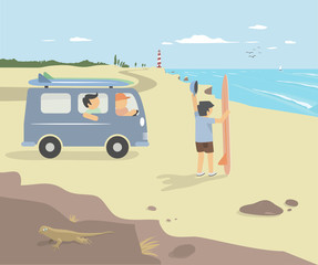 Surfers in van on the cliff with ocean and lighthouse in the background. Van Life Concept. Modern vector flat design illustration.