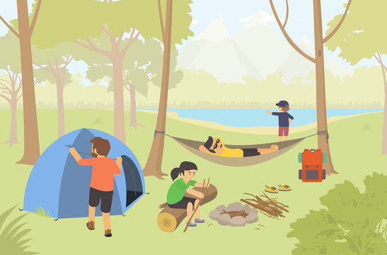 Camping in the nature with family / Campers Lifestyle. Modern vector flat design illustration.