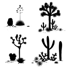 Cacti landscape groups. Vector set with silhouettes of saguaro, prickly pear, and agave. Black and white banner, place for text