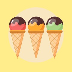 Mixed ice cream scoops with cone on background. Stock flat vector illustration.