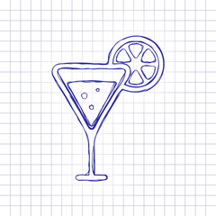 cocktail with lemon slice icon. Hand drawn picture on paper sheet. Blue ink, outline sketch style. Doodle on checkered background