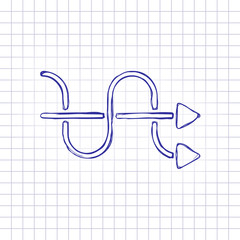 crossed arrows. simple silhouette. Hand drawn picture on paper sheet. Blue ink, outline sketch style. Doodle on checkered background