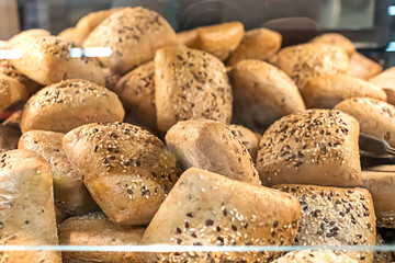 bakery bread on shelf of shop or market, retail business
