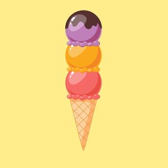 Mixed ice cream scoops with cone on background. Stock flat vector illustration.