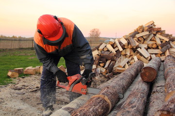 Worker man in an orange helmet sawing logs chainsaw in the village on the background of a pile of chopped wood in the autumn day on background of wood fence and green grass backyard