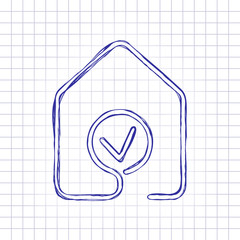 house with check mark icon. line style. Hand drawn picture on paper sheet. Blue ink, outline sketch style. Doodle on checkered background