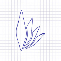 leaf bamboo. simple silhouette. Hand drawn picture on paper sheet. Blue ink, outline sketch style. Doodle on checkered background