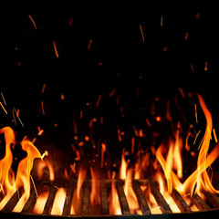 Empty grill, barbeque grid with fire isolated on black background with copy space