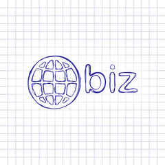 domain for business, globe and biz. Hand drawn picture on paper sheet. Blue ink, outline sketch style. Doodle on checkered background