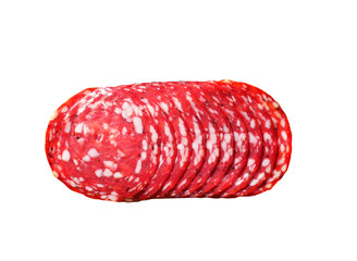 Slicing salami on a white background