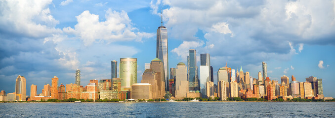 Lower Manhattan skyline panorama over Hudson River, New York