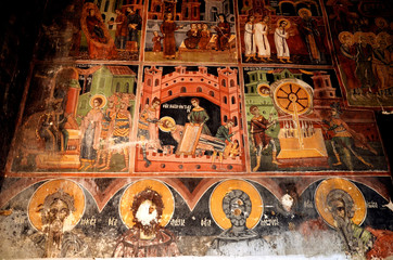 View of frescoes from the ancient church of Saint Athanasios (1614) in Tsaritsani, Elassona, Greece