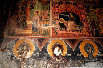 View of frescoes from the ancient church of Saint Athanasios (1614) in Tsaritsani, Elassona, Greece