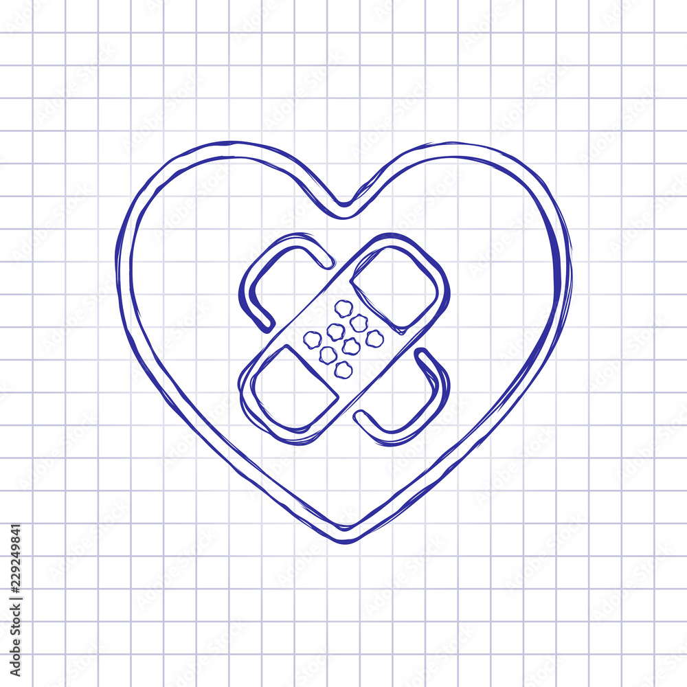 Poster broken heart with patch. linear symbol with thin outline. simple single icon. hand drawn picture on 