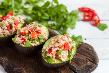 Avocados stuffed with canned tuna and vegetables - obrazy, fototapety, plakaty