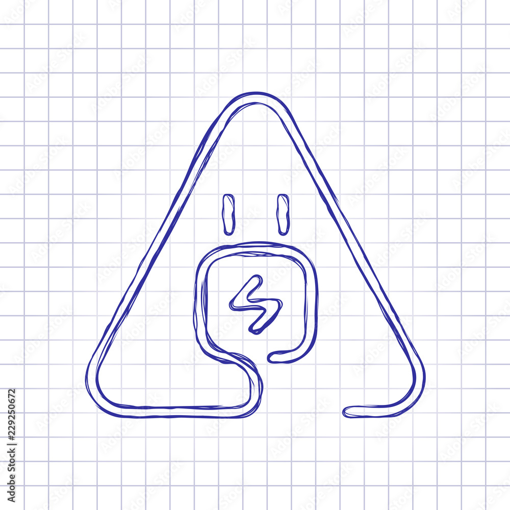 Poster electric power plug in warning triangle. simple linear icon with thin outline. one line style. hand 