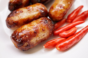 Close-up I-SAN sausage or pork sausage grilled.