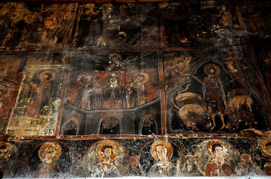 View of frescoes from the ancient church of Saint Athanasios (1614) in Tsaritsani, Elassona, Greece