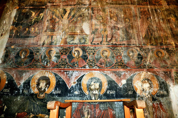 Destroyed frescoes from the ancient church of Saint Athanasios (1614) in Tsaritsani, Elassona,...