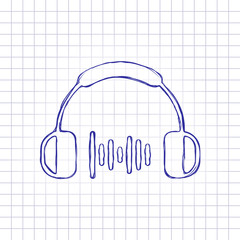 Headphones and music wave. Medium volume level. Simple icon. Hand drawn picture on paper sheet. Blue ink, outline sketch style. Doodle on checkered background