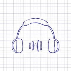 Headphones and music wave. Medium volume level. Simple icon. Hand drawn picture on paper sheet. Blue ink, outline sketch style. Doodle on checkered background