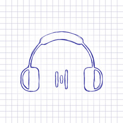 Headphones and music wave. Min volume level. Simple icon. Hand drawn picture on paper sheet. Blue ink, outline sketch style. Doodle on checkered background