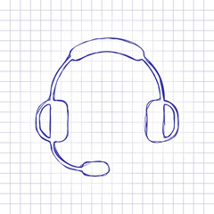 Headphones with microphone. Support service. Simple icon. Hand drawn picture on paper sheet. Blue ink, outline sketch style. Doodle on checkered background