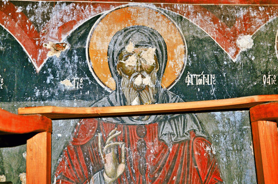Destroyed frescoes from the ancient church of Saint Athanasios (1614) in Tsaritsani, Elassona, Greece