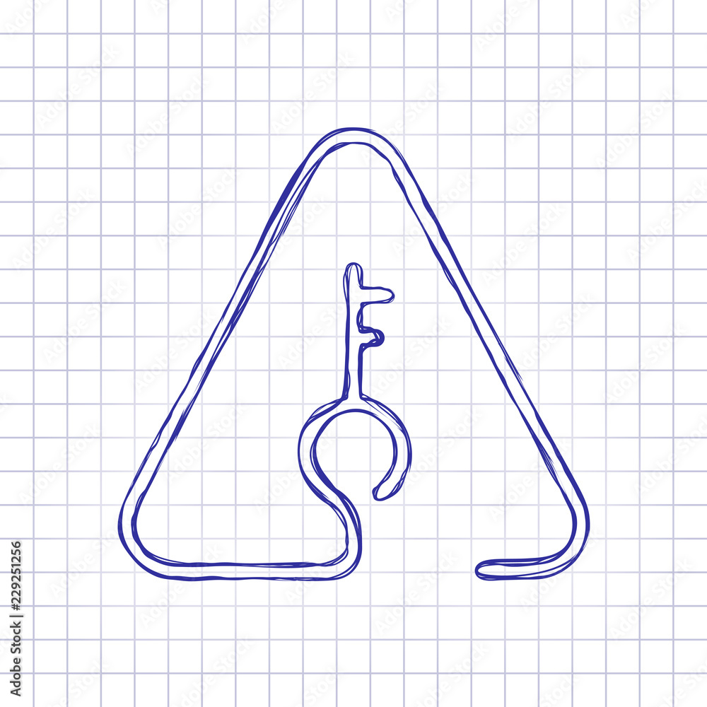 Poster key in warning triangle. linear icon with thin outline. one line style. hand drawn picture on paper 