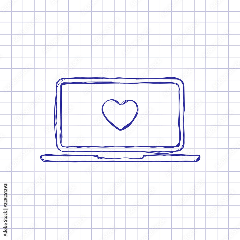 Poster laptop or notebook computer with heart on screen. simple icon. hand drawn picture on paper sheet. bl