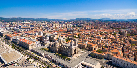 Fototapeta na wymiar Aerial view of the Cathedral Sainte-Marie-Majeure de Marseille or Notre dame de la major near the vieux port in Marseille, France