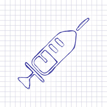 Simple injector icon. Hand drawn picture on paper sheet. Blue ink, outline sketch style. Doodle on checkered background