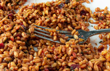 Close view of cooked farro with beets and spinach on a white plate with a fork in the food.