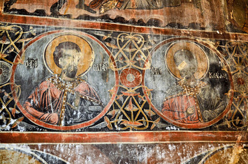 View of frescoes from the ancient church of Saint Athanasios (1614) in Tsaritsani, Elassona, Greece