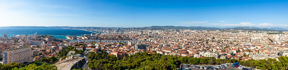 Fototapeta na wymiar Aerial view of Marseille city from Notre dame de la garde cathedral viewpoint in south of France
