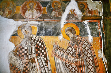 View of frescoes from the ancient church of Saint Athanasios (1614) in Tsaritsani, Elassona, Greece