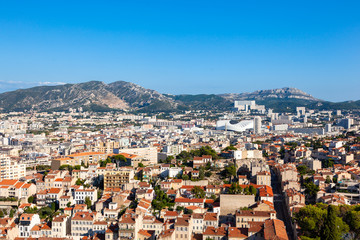 Fototapeta na wymiar Aerial view of Marseille city from Notre dame de la garde cathedral viewpoint in south of France