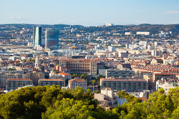 Aerial view of Marseille city from Notre dame de la garde cathedral viewpoint in south of France