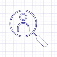 Human secource, search profile. Linear icon, thin outline. Hand drawn picture on paper sheet. Blue ink, outline sketch style. Doodle on checkered background