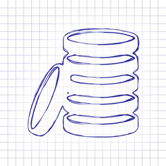 Coin stack icon. Hand drawn picture on paper sheet. Blue ink, outline sketch style. Doodle on checkered background