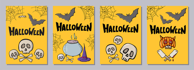 Halloween hand drawn invitation or greeting cards set with lattering.