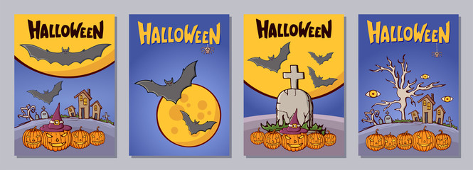Halloween hand drawn invitation or greeting cards set with lattering.