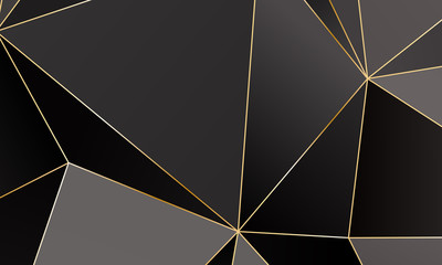 Black and grey Premium background with luxury polygonal pattern and gold triangle lines.