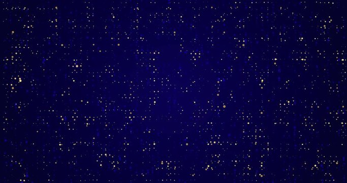 Dark blue seamless looped background animation with yellow dust. Flickering abstract night sky. Shining of small dots in dark backdrop. Random wavy digital lights transition. Magic party wall banner