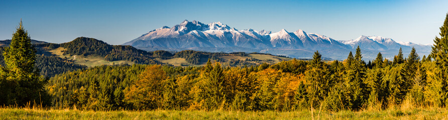 Morning panorama of snowy Tatra Mountains over colorful autumn forest, Poland