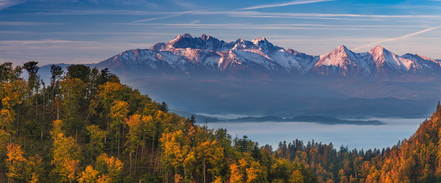 Fototapeta Tatra mountains panorama over autumn forest in the morning, Poland