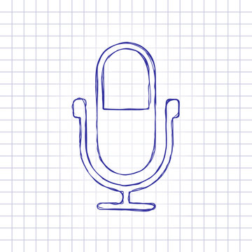 Simple microphone icon. Hand drawn picture on paper sheet. Blue ink, outline sketch style. Doodle on checkered background