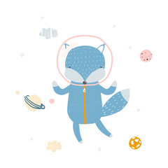 Funny fox flying in open space. Childish fashion print. Vector hand drawn illustration.